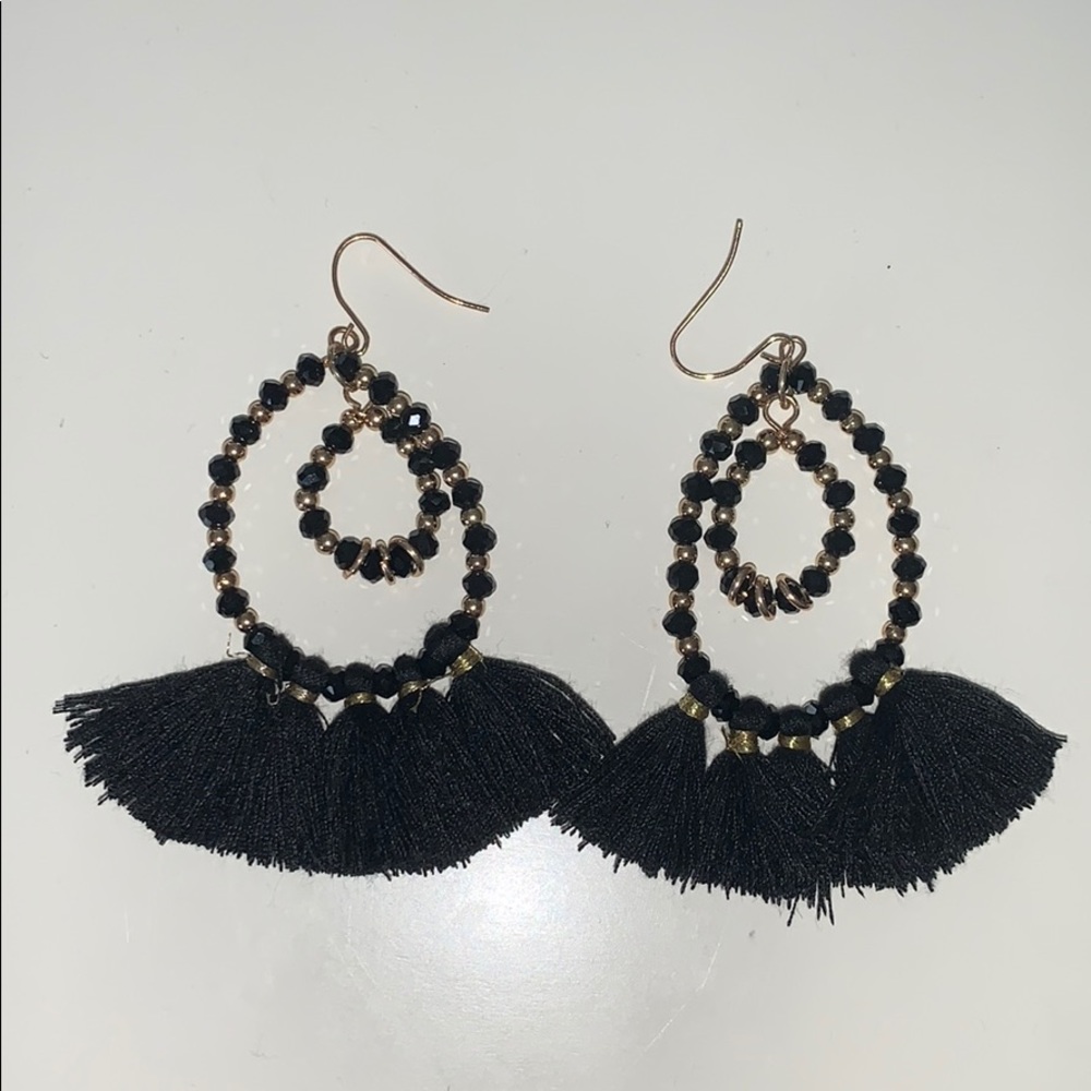 Black and Gold Decorative Hoop Earrings w/tassel